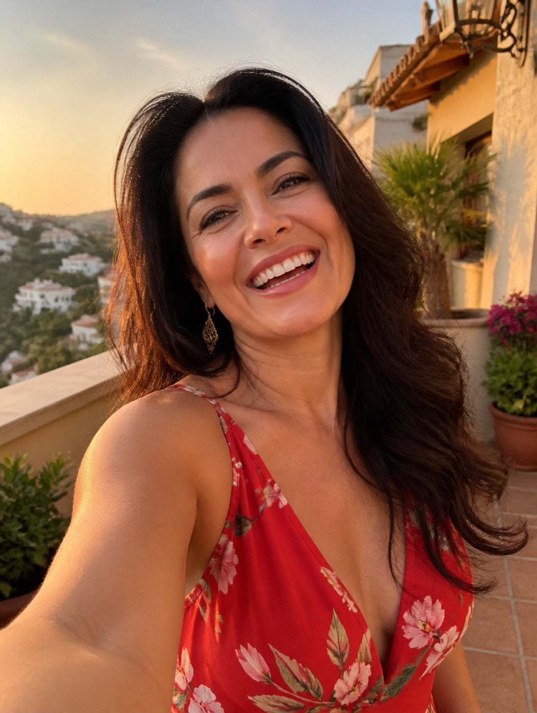 Mujer feliz con vestido rojo sin mangas