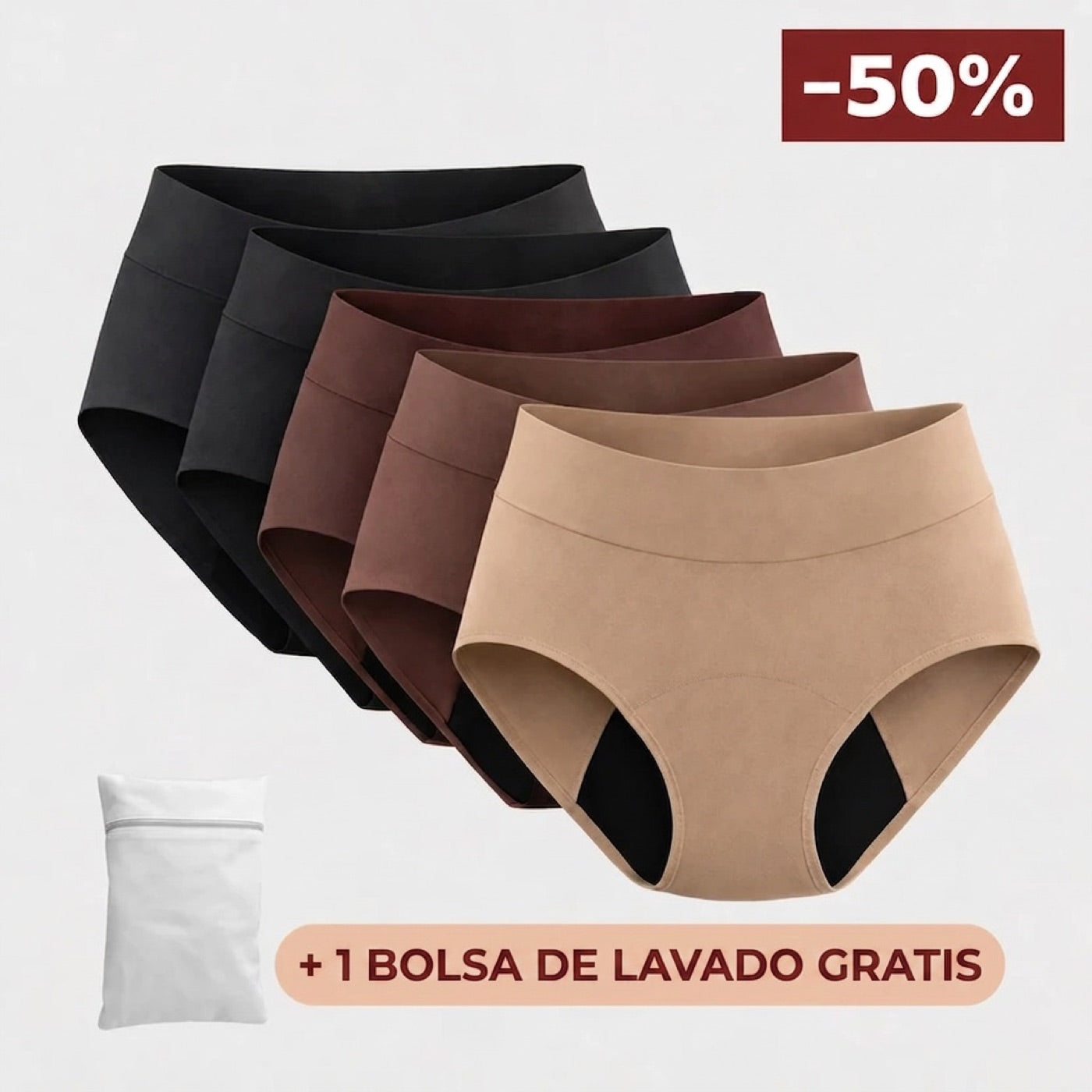 Paquete de 5 pantaletas antifugas color Atardecer — 50% OFF + 1 bolsa de lavado gratis