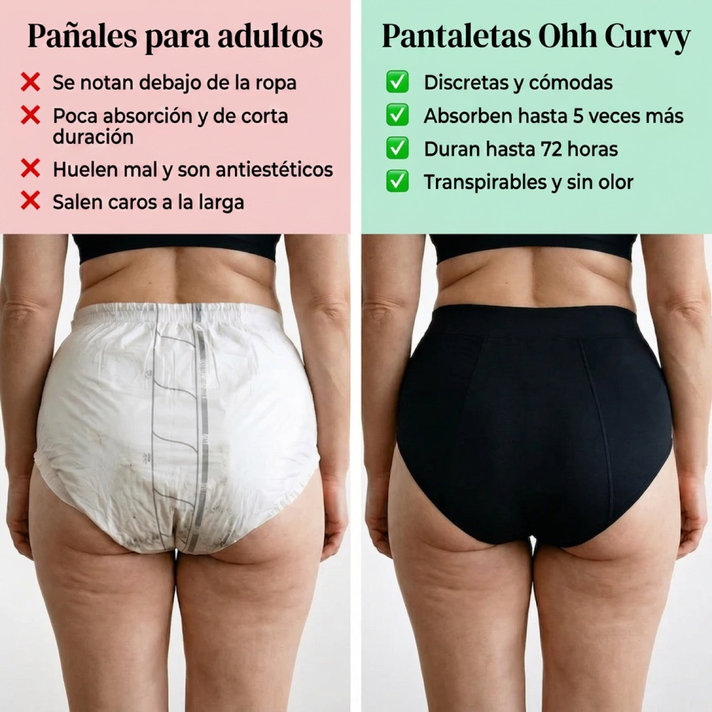 Pañales para adultos vs Pantaletas Ohh Curvy — discretas, absorben hasta 5 veces más
