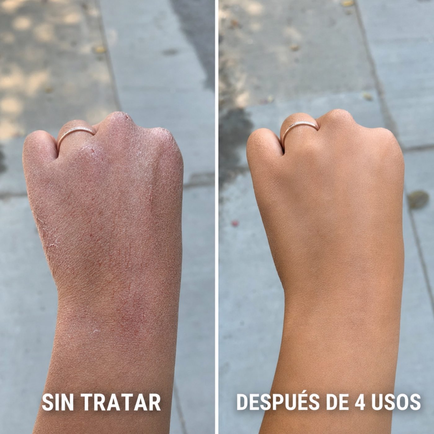 Mano sin tratar vs. después de 4 usos