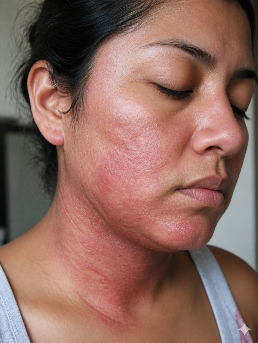 Brote severo de eczema en rostro y cuello, sin tratar