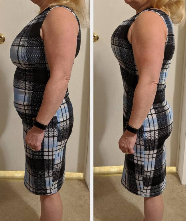 Antes y después con el short moldeador bajo un vestido ajustado